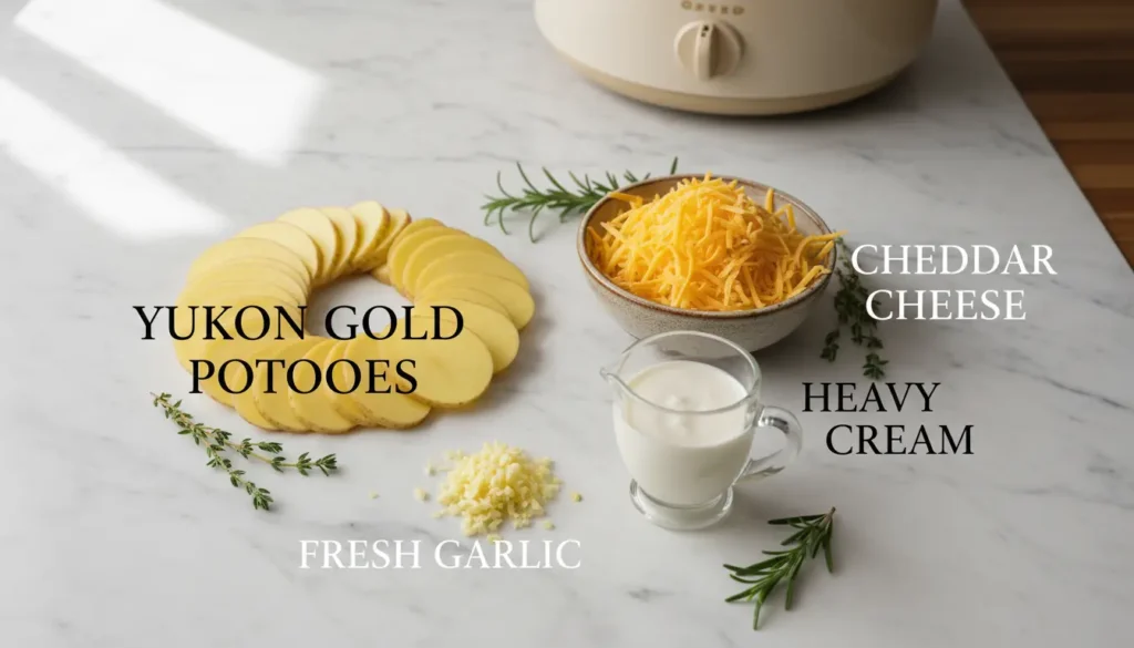 Ingredients for Au Gratin Potato Recipe Crock Pot sliced Yukon Gold potatoes, shredded cheddar cheese, heavy cream, minced fresh garlic, and herbs.