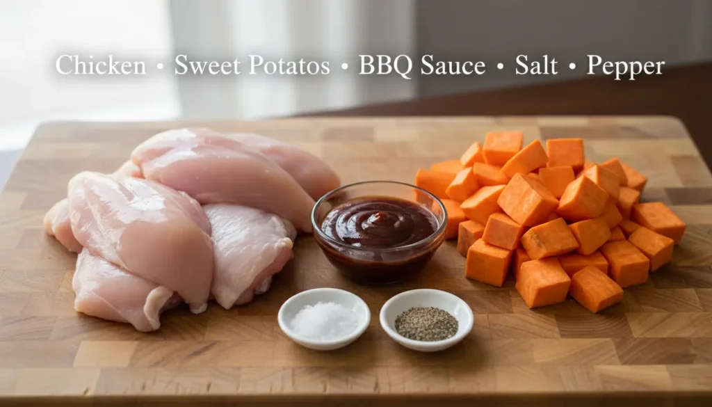 Ingredients for BBQ chicken and sweet potato crock pot recipe: raw chicken breasts, cubed sweet potatoes, BBQ sauce, salt, and pepper on a wooden board.
