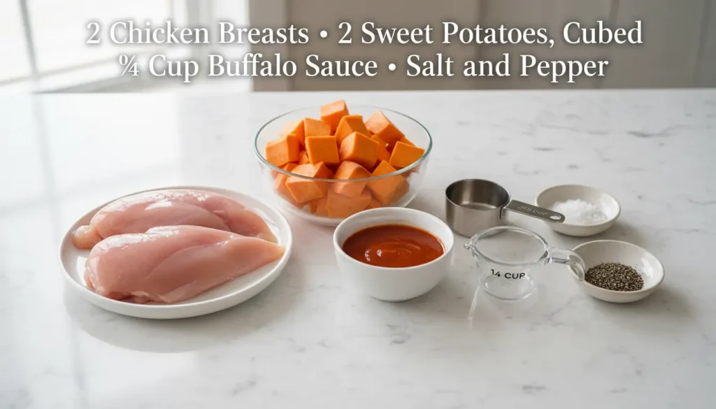 Ingredients for buffalo chicken: 2 raw chicken breasts, cubed sweet potatoes, 1/4 cup buffalo sauce, salt, and pepper on a counter.
