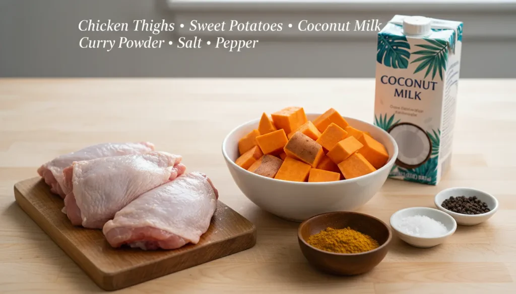 Curry chicken ingredients: chicken thighs, sweet potatoes, coconut milk, curry powder, salt, and pepper.