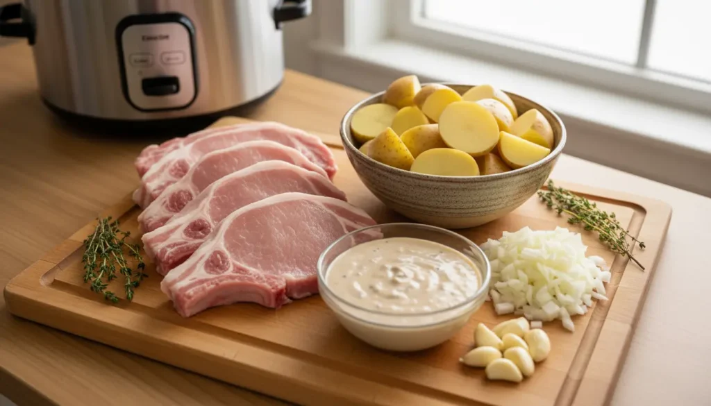 Ingredients on a cutting board: raw bone-in pork chops, halved baby potatoes, creamy sauce, chopped onions, garlic, and fresh thyme, next to a slow cooker.
