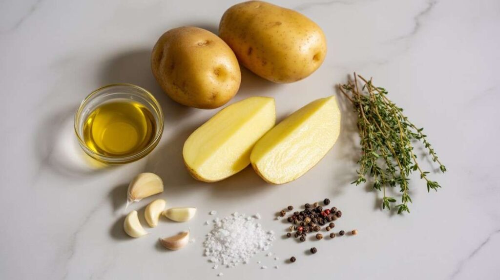 Simple ingredients for potato galette recipe: whole and halved Yukon Gold potatoes, olive oil, garlic cloves, sea salt, peppercorns, and fresh thyme sprigs.