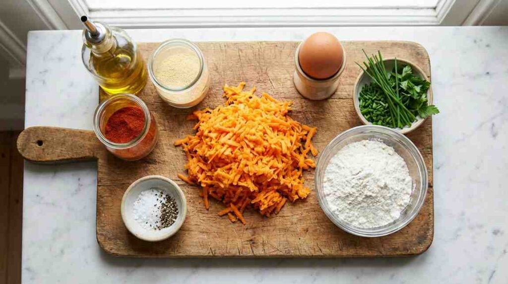 Easy prep for sweet potato fritter recipe, grated orange sweet potatoes, egg, flour, spices, oil, and fresh herbs ready on a wooden board.