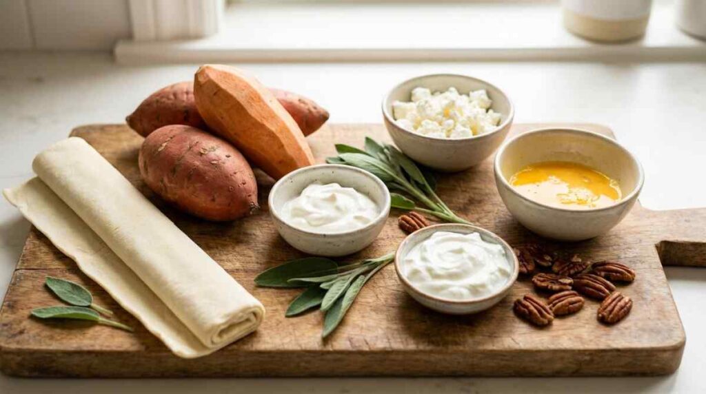 Simple 5-ingredient lineup for sweet potato galette recipe: 
fresh sweet potatoes, puff pastry, sour cream, goat cheese, egg, and herbs on a wooden board.