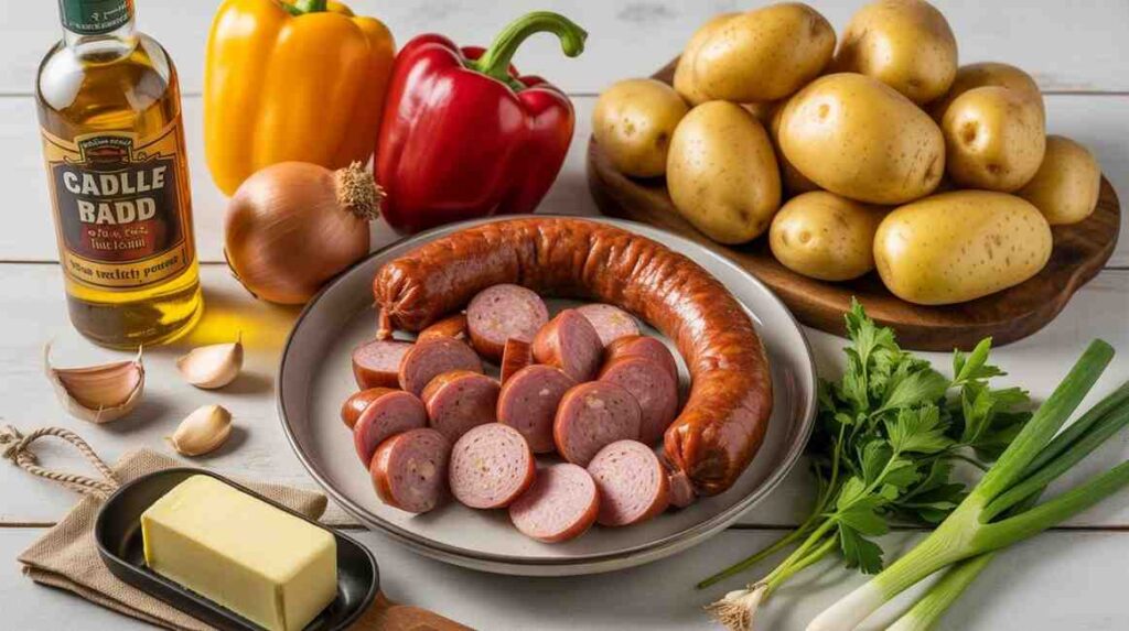 Fresh ingredients for andouille sausage recipe with potatoes – whole andouille, red potatoes, peppers, butter, garlic
