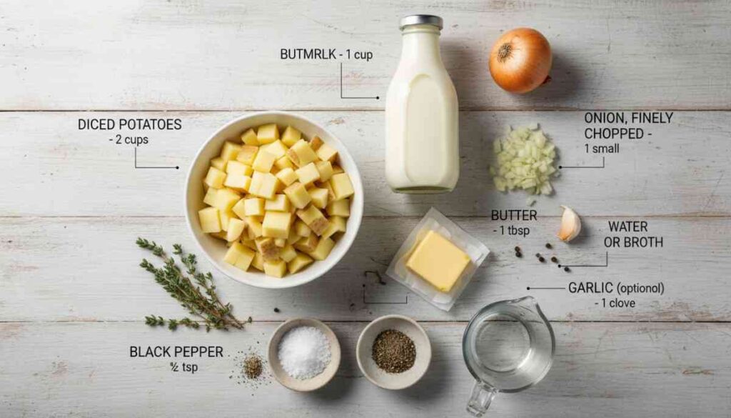 Buttermilk Potato Soup Recipe ingredients: diced potatoes, buttermilk, onion, butter, garlic, broth, and seasonings laid out on a table.
