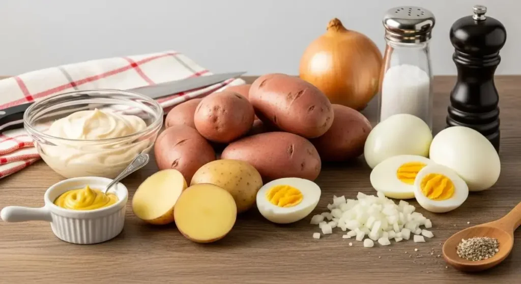 Classic potato salad ingredients: red and yellow potatoes, hard-boiled eggs, mayonnaise, mustard, onion, salt, and pepper.