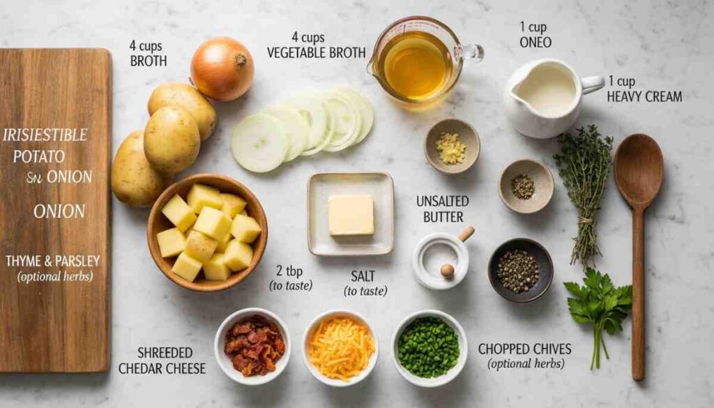 Flat-lay ingredients photo for irresistible Potato and Onion Soup recipe: diced starchy potatoes, thinly sliced onions, 4 cups vegetable broth, 1 cup heavy cream, unsalted butter, minced garlic, fresh thyme and parsley (optional herbs), salt, pepper, and optional toppings including shredded cheddar cheese, crispy bacon bits, and chopped chives.