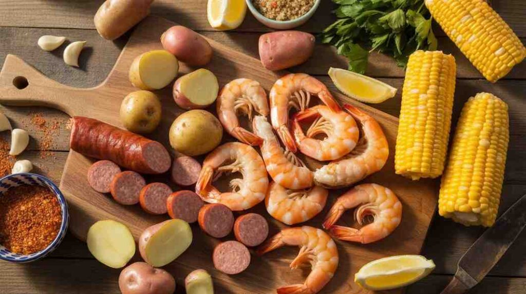 Fresh ingredients for shrimp sausage and potato recipe – jumbo shrimp, andouille, baby potatoes, corn, and Cajun seasoning.