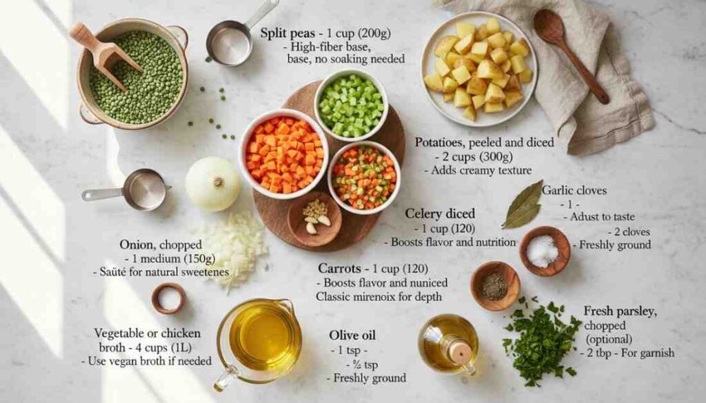 Flat-lay ingredients for green split pea soup: dried split peas, diced potatoes, carrots, celery, onion, garlic, broth, olive oil, bay leaves, pepper, salt, and fresh parsley.