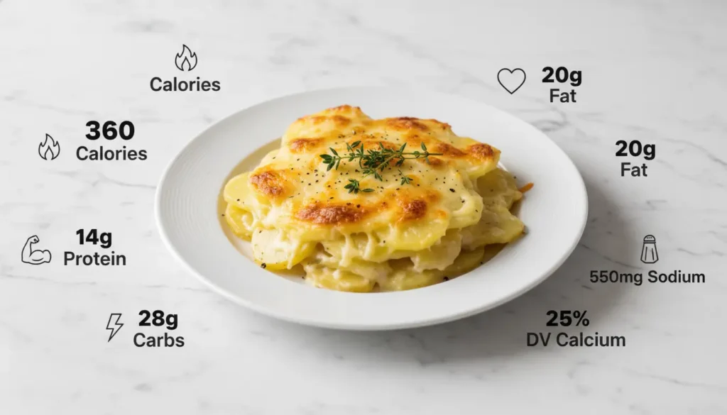 A plate of creamy scalloped potatoes with melted cheese, garnished with herbs. Nutritional info: 360 calories, 20g fat, 14g protein, 28g carbs, 550mg sodium, 25% DV calcium.

