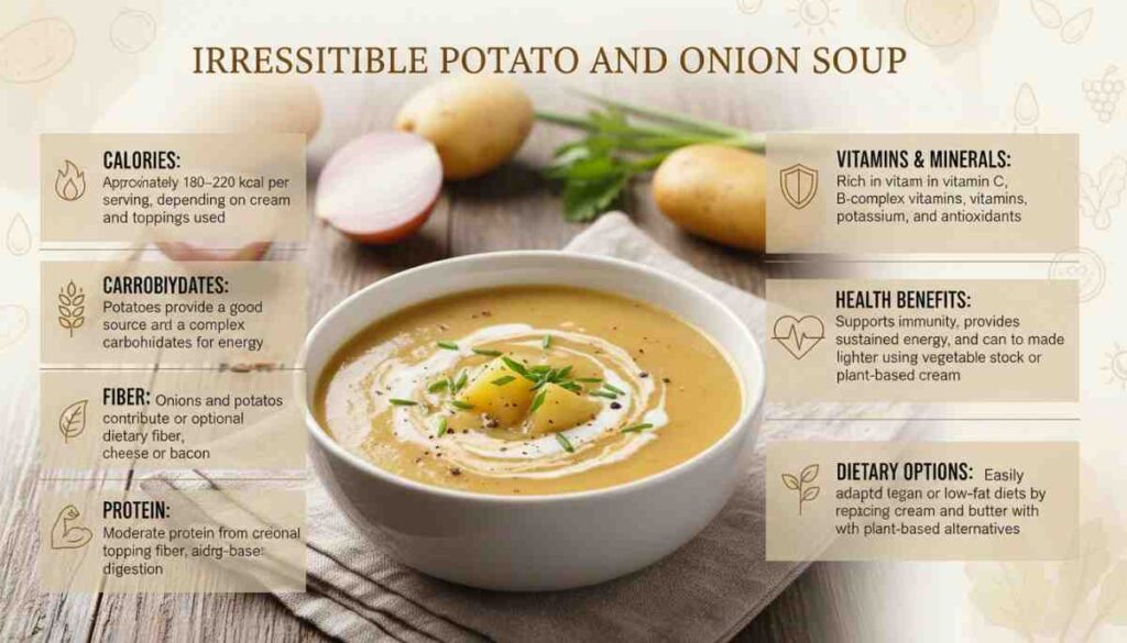 Nutritional breakdown of potato and onion soup highlighting calories (180–220 kcal), carbs from potatoes, fiber from onions, protein from optional toppings, rich vitamins (C, B-complex), and adaptability for vegan/low-fat diets.