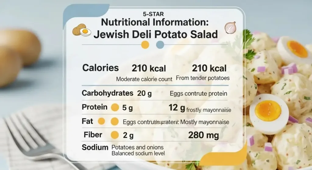 Nutrition info card for Jewish Deli Potato Salad showing 210 kcal, 20g carbs, 12g protein, and low sodium.