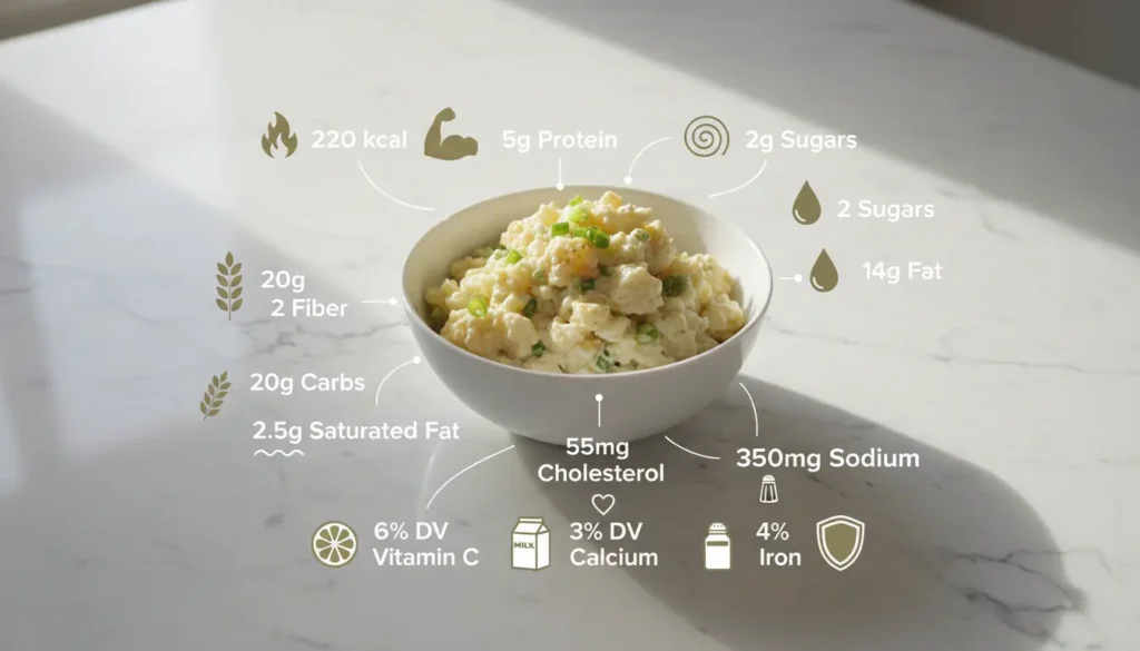 Nutrition facts for potato salad: 220 kcal, 20g carbs, 14g fat, 5g protein, 2g fiber, 350mg sodium per serving.