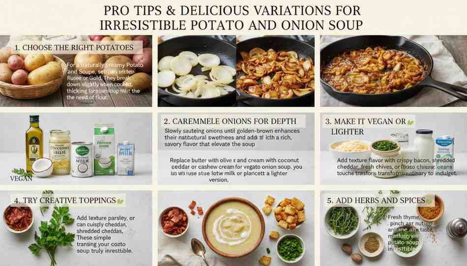 Pro tips and variations for potato and onion soup: choosing starchy potatoes, caramelizing onions, vegan/lighter substitutions, creative toppings (bacon, cheese, chives), and adding fresh herbs and spices.