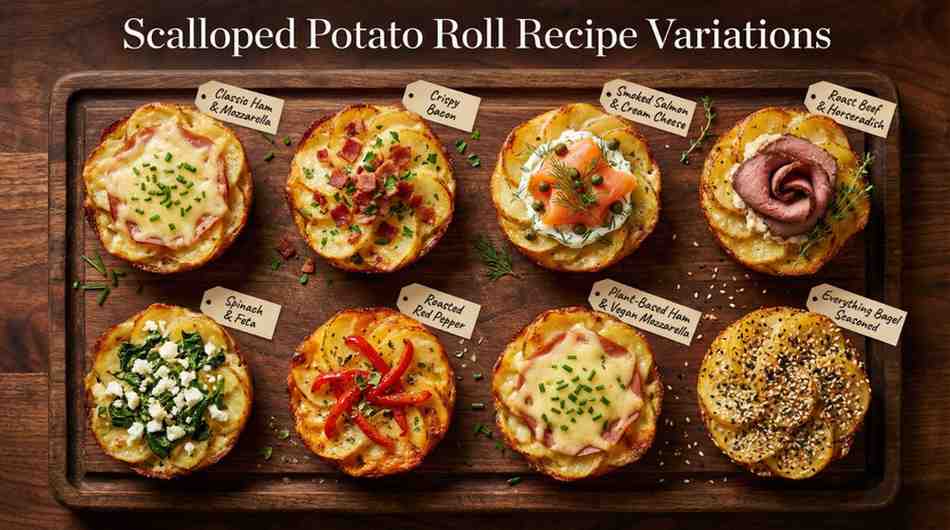 Eight elegant variations of scalloped potato rolls arranged on a dark wooden board, each topped differently: classic ham & mozzarella, crispy bacon, smoked salmon & cream cheese, roast beef & horseradish, spinach & feta, roasted red pepper, plant-based ham & vegan mozzarella, and everything bagel seasoned.
