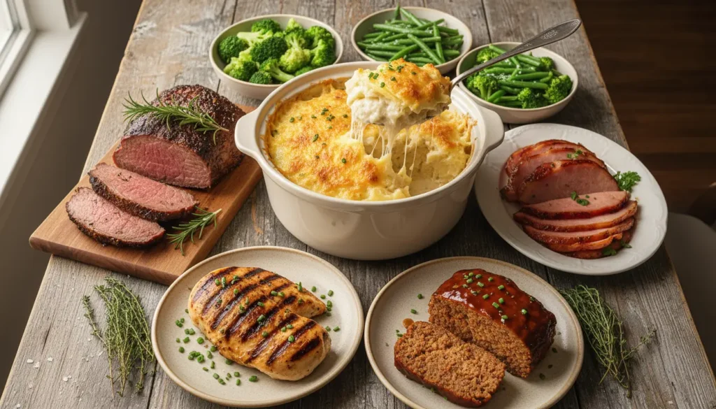 A table with various dishes: scalloped potatoes in a large dish, sliced roast beef, ham, grilled chicken, meatloaf, and sides of broccoli and green beans.