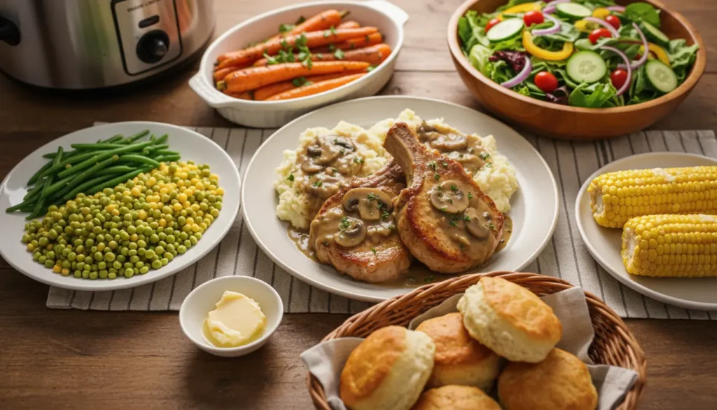 Table spread featuring Pork Chops in Slow Cooker with Potatoes Recipe in mushroom gravy over mashed potatoes, with sides of green beans, peas, carrots, corn on the cob, biscuits, and butter, alongside a slow cooker.

