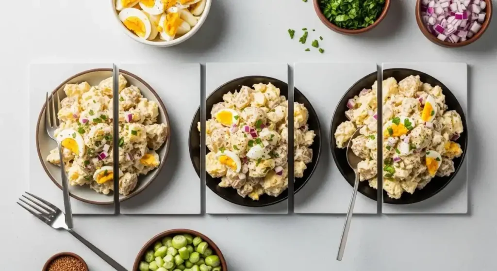 Three bowls of creamy potato salad garnished with eggs, red onion, and herbs, served with forks.