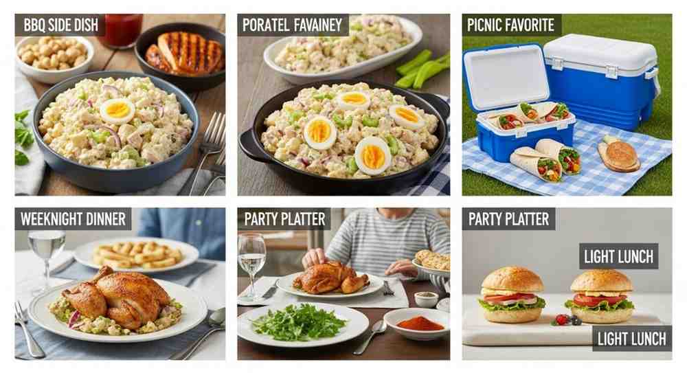 Collage of potato salad serving ideas: BBQ side dish, picnic favorite, weeknight dinner pairing, party platter, and light lunch option.
