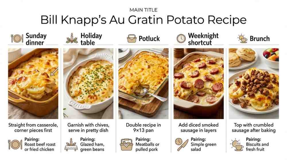 Infographic showing Bill Knapp’s classic au gratin potatoes with five serving variations for Sunday dinner, holiday table, potluck, weeknight shortcut, and brunch, each with different toppings and pairings. Bill Knapp’s Au Gratin Potato Recipe.