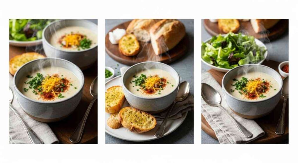 Trio of steaming Buttermilk Potato Soup Recipe bowls garnished with cheese, chives, paprika, and served with crusty bread.
