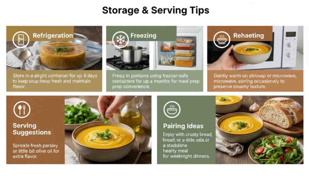 Infographic titled "Storage & Serving Tips" for creamy soup: refrigeration (up to 4 days), freezing in portions, gentle reheating, fresh herb garnish, and pairing with crusty bread or salad.
