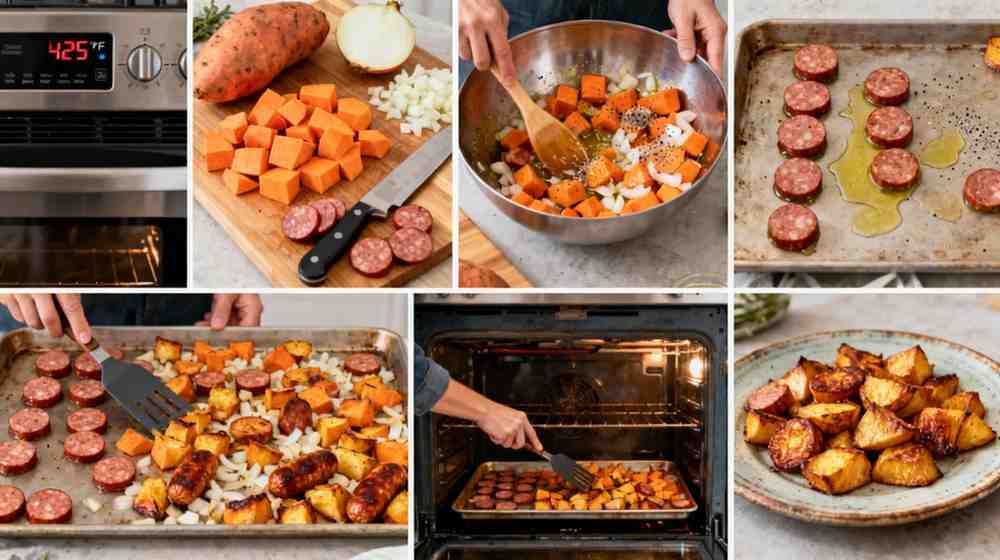 A collage of 6 steps showing how to make roasted sausage and sweet potatoes: preheating oven to 425°F, chopping sweet potatoes into cubes, slicing smoked sausage, mixing with onion and seasoning, spreading on a baking sheet, roasting, and the final golden-brown dish.
