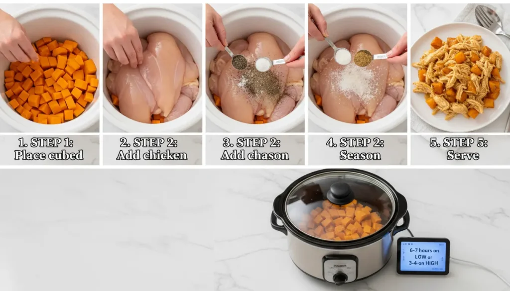 Shredded chicken and sweet potato crock pot meal steps: layering potatoes, adding chicken, seasoning, cooking 6-7 hours on low, serving.