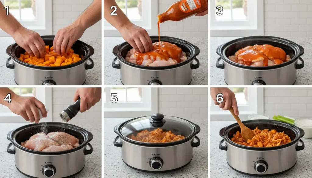 Buffalo chicken crock pot steps: layering sweet potatoes, adding raw chicken, pouring buffalo sauce, seasoning with salt and pepper, cooking on low.