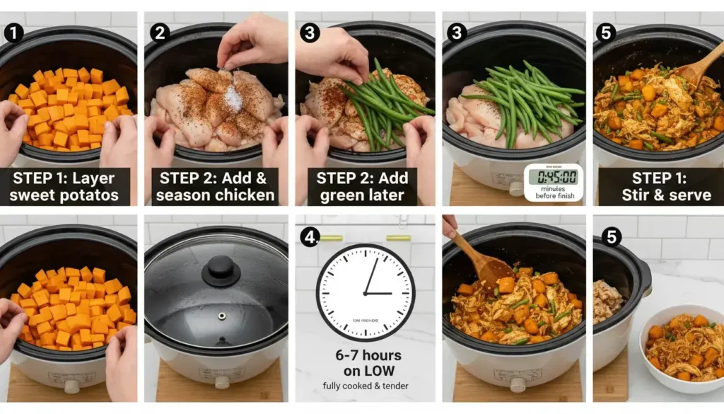 Cajun chicken with green beans and sweet potatoes in slow cooker: layering, seasoning, adding beans later, cooking 6-7 hours on low, serving.