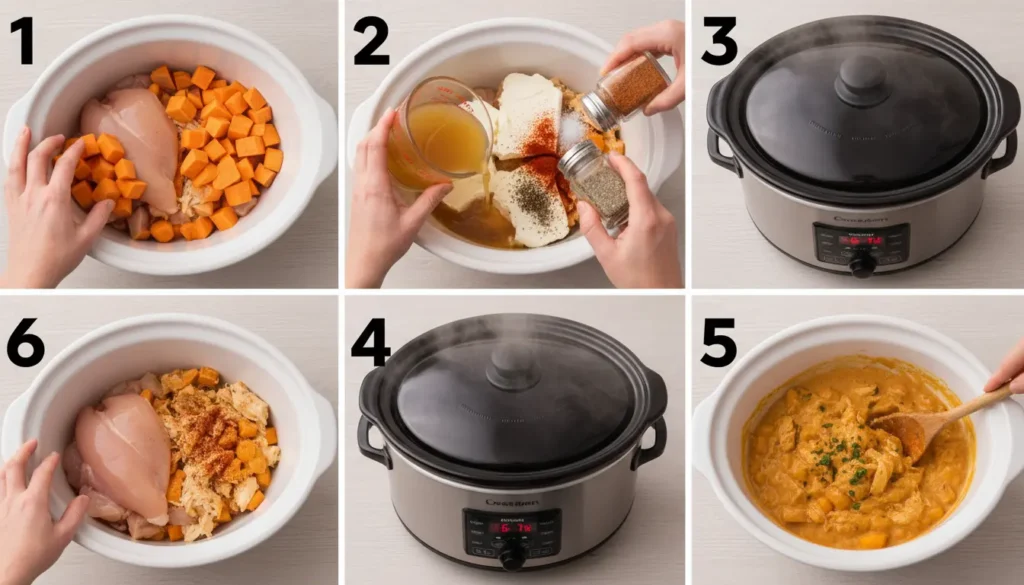 Step-by-step curry chicken prep in slow cooker: adding sweet potatoes, coconut milk, curry powder, salt, pepper, and cilantro.