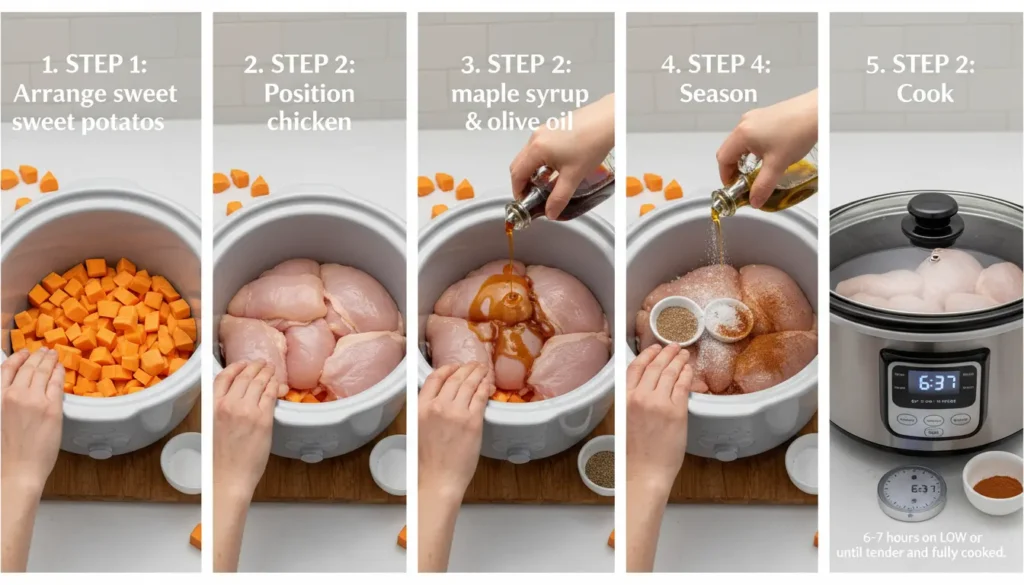 Maple chicken sweet potato crock pot: arranging potatoes, positioning chicken, adding maple syrup and olive oil, seasoning, cooking 6-7 hours on low.
