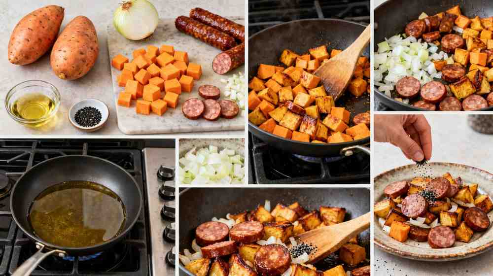 Six-step collage for a stovetop sausage and sweet potato hash: ingredients laid out, heating oil in skillet, cooking sweet potato cubes, adding onions, adding sliced sausage, seasoning with pepper, and final plated dish.
