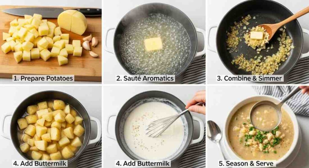 Step-by-step Buttermilk Potato Soup Recipe preparation: prepare potatoes, sauté aromatics, simmer, add buttermilk, season, and serve.
