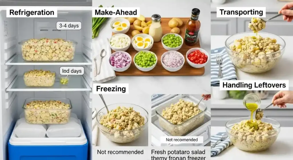 Potato Salad Recipe with Italian Dressing storage and handling guide: refrigerate 3-4 days, make-ahead prep, not recommended to freeze, safe transporting tips.
