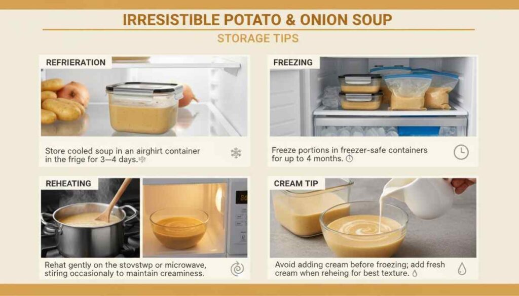 Infographic showing storage tips for potato and onion soup: refrigeration (3–4 days), freezing (up to 4 months), gentle reheating on stovetop or microwave, and tip to add cream only after thawing.
