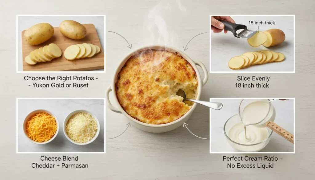 Yukon Gold/Russet potatoes sliced 1/8" thick, layered with cheddar-Parmesan blend and perfect cream ratio, baked golden.

