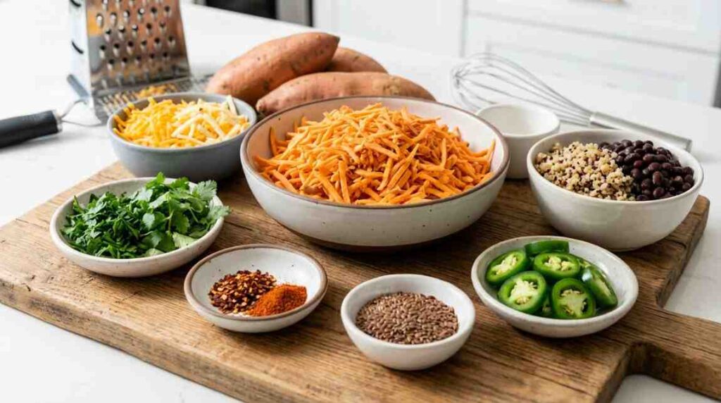 Loaded sweet potato fritter bowl show variations with
 shredded sweet potatoes, black beans, quinoa, cheddar, jalapeños, cilantro, and spices.
