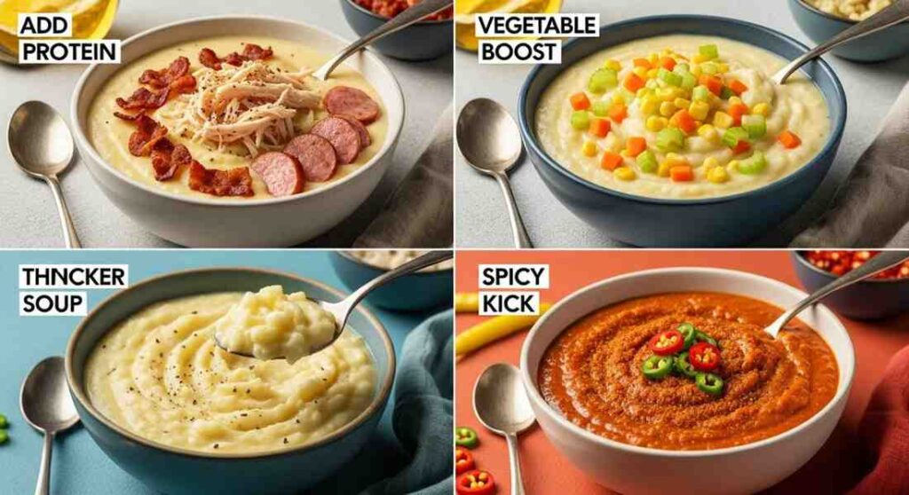 Buttermilk Potato Soup Recipe variations: add protein with chicken and sausage, vegetable boost with corn and carrots, thicker texture, or spicy kick with chilies.
