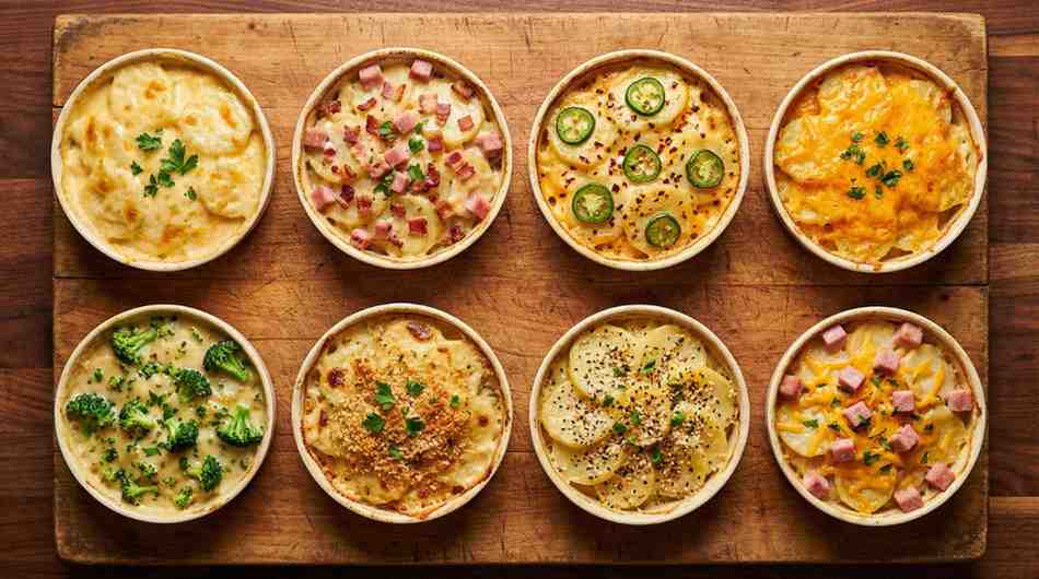 Eight individual ramekins of cheesy scalloped potatoes recipe Velveeta , each topped differently: classic, ham & bacon, jalapeño, sharp cheddar, broccoli, breadcrumb crunch, everything bagel seasoning, and ham & extra cheese, arranged on a wooden board.