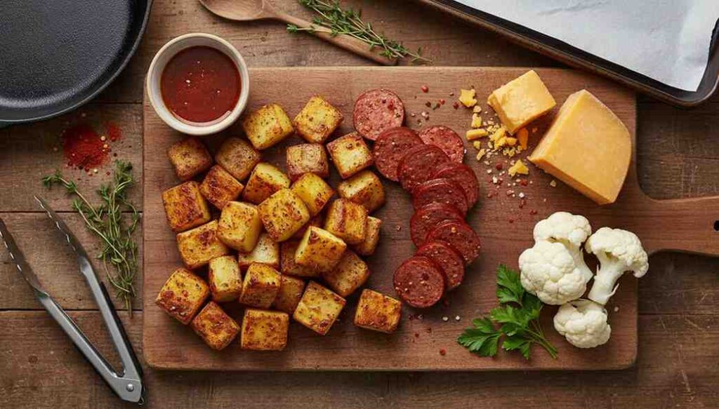 Pro tips of Andouille sausage recipe with potatoes ingredients , diced potatoes, sliced andouille, cheese, cauliflower.
