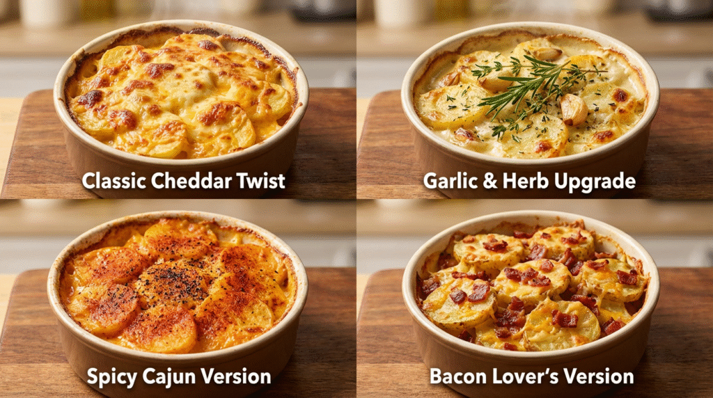 Four individual ramekins of Ruth Chris Au Gratin Potato Recipe 
showcasing variations: Classic Cheddar Twist, Garlic & Herb Upgrade, Spicy Cajun Version topped with paprika and pepper, and Bacon Lover’s Version loaded with crispy bacon pieces.
