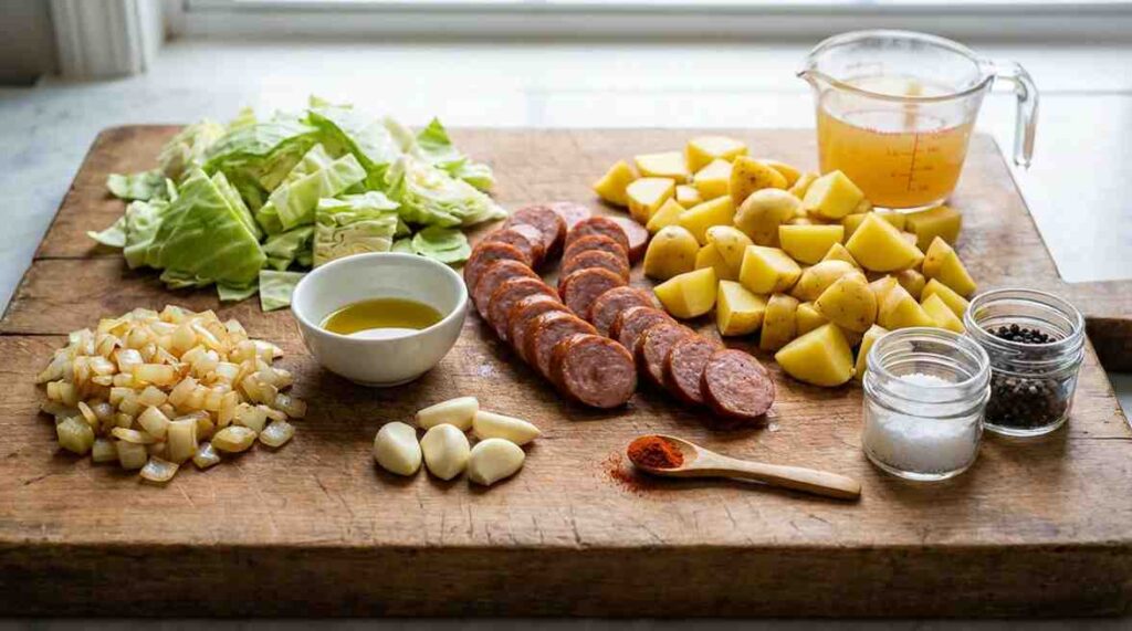 Prepared ingredients on a wooden board for cabbage potato sausage recipe: chopped cabbage, sliced smoked sausage, diced potatoes, onions, garlic, oil, broth, and seasonings.