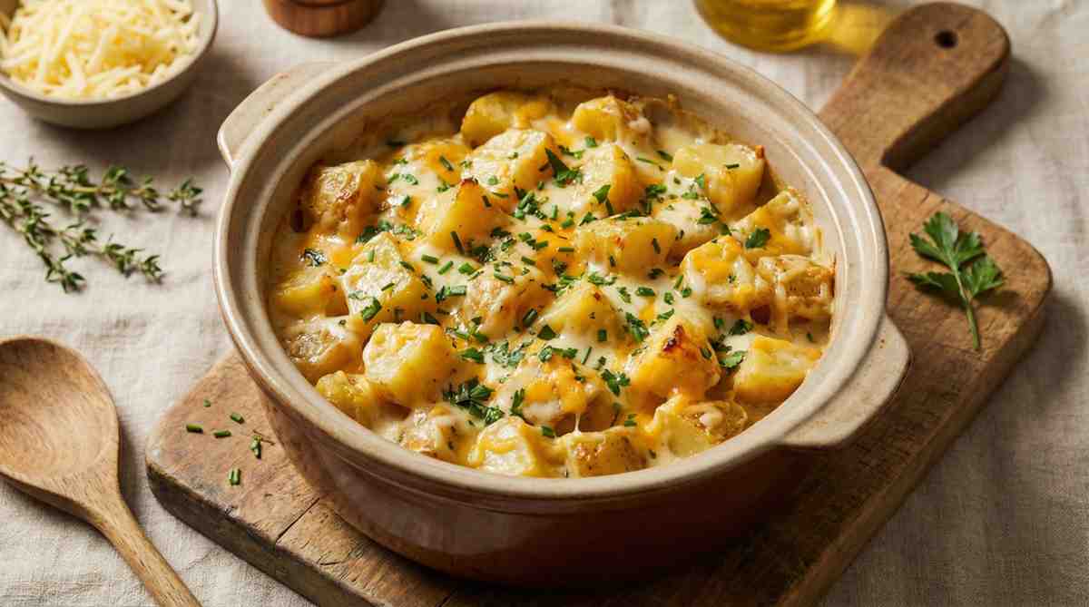 A close-up of creamy cheesy potatoes in a brown casserole dish, topped with melted golden cheese and sprinkled with chopped fresh parsley and thyme, served on a wooden board.