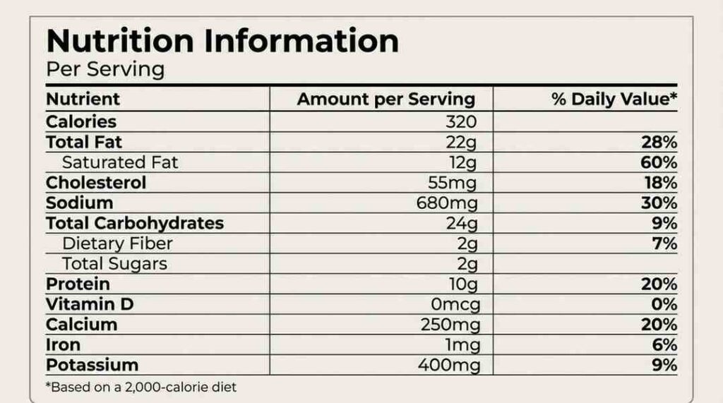 : A clean beige nutrition facts label for cheesy potato crock pot recipe, showing per-serving details like 320 calories, 22g total fat, and other nutrients based on a 2,000-calorie diet.