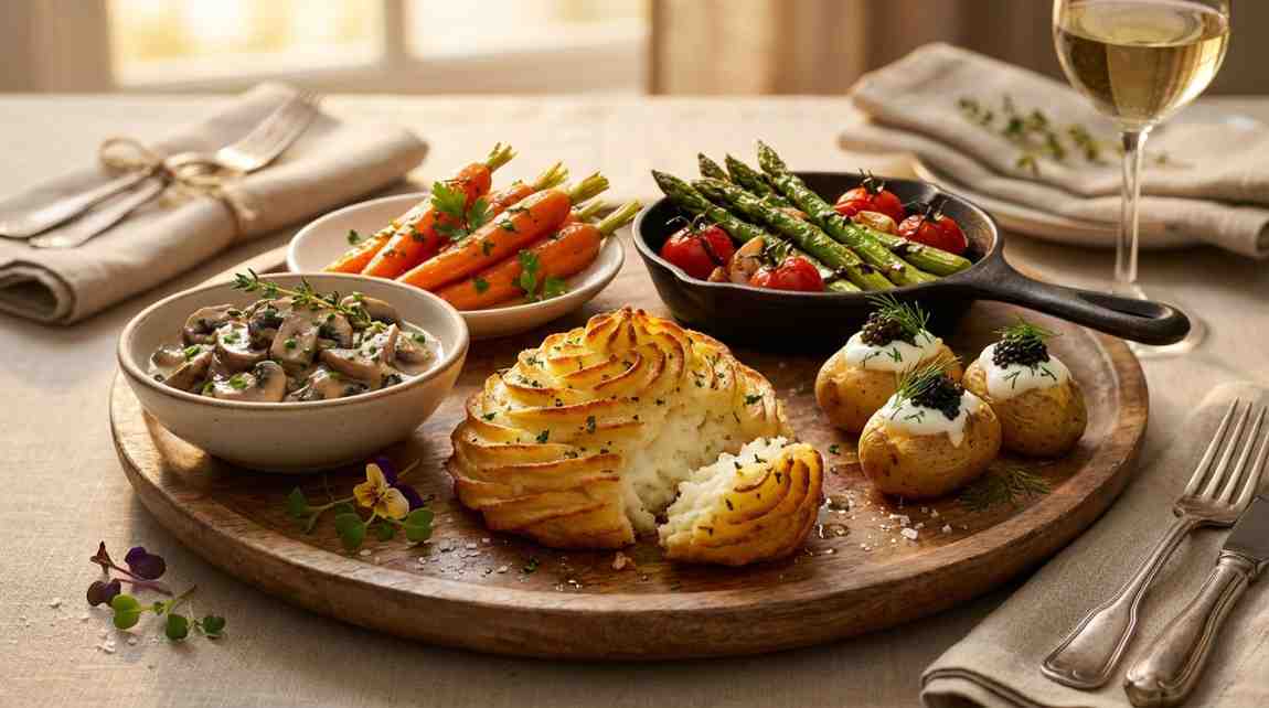 Elegant wooden platter featuring piped duchess potatoes, creamy mushroom sauce, roasted baby potatoes topped with sour cream and caviar, glazed carrots, and sautéed asparagus with cherry tomatoes, served with white wine. duchess potato recipe.