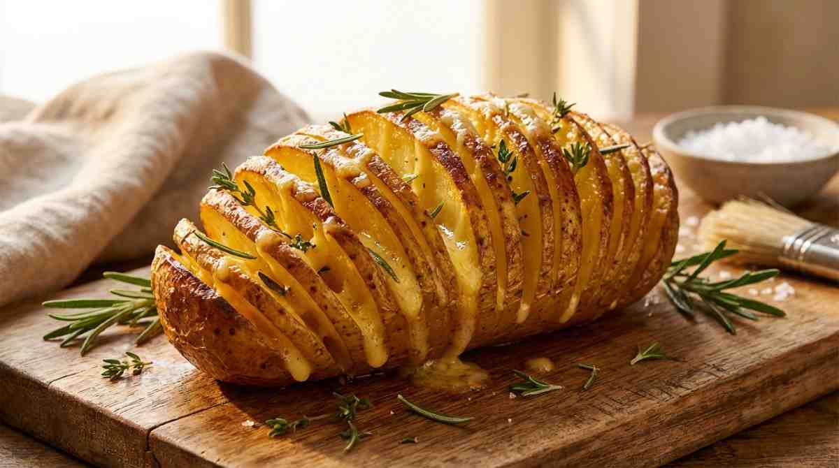 Hasselback potato with melted cheese oozing from the slices, garnished with fresh rosemary and thyme, on a wooden board. hasselback potato recipe