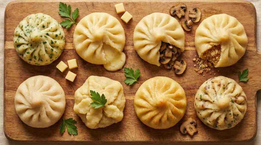 Close-up of various filled Potato Dumplings Recipe on a wooden board, some cut open to reveal creamy cheese, mushroom, and breadcrumb fillings, garnished with fresh parsley.