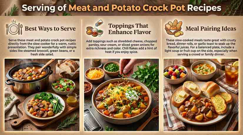 Serving ideas for meat and potato crock pot recipes including toppings, pairings, and plated meal options.